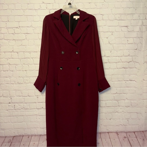 Ted Baker London Stunning maroon midi dress sheer sleeves pleated size "2" US 6 - Picture 14 of 14